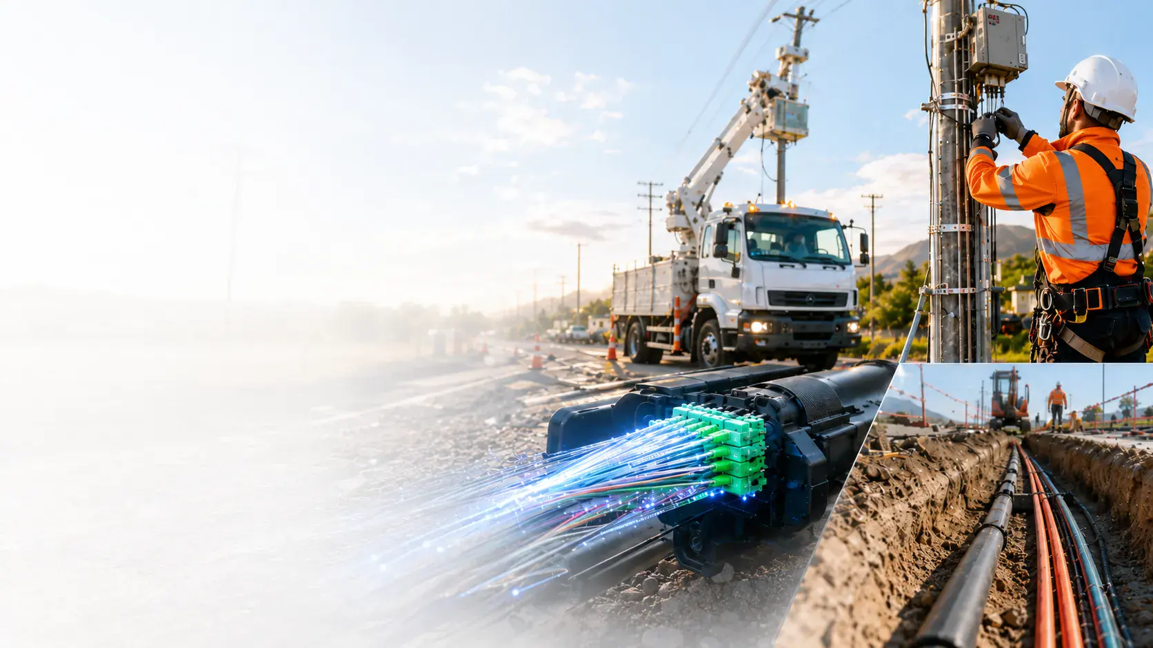 Techniciens SGT Construction sur chantier fibre optique, réseaux électriques et génie civil